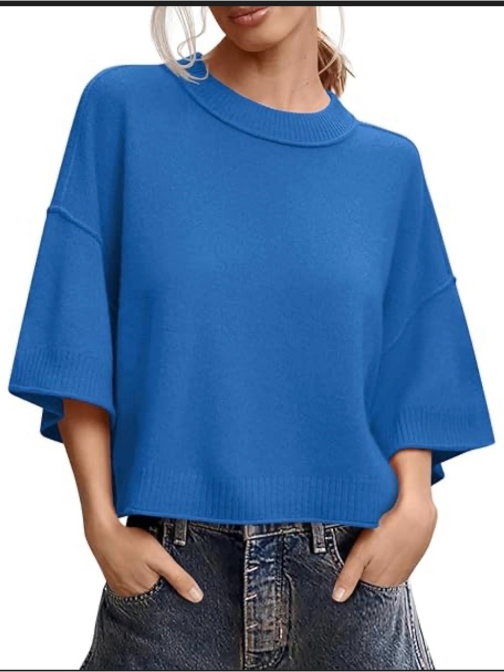 NWT Amazon Short Sleeve
Sweater Sz L Boxy Crewneck
Oversized Rayon Dark Blue NWT